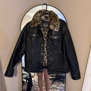 Levi's Black Faux Leather Jacket with Leopard Faux Fur Collar